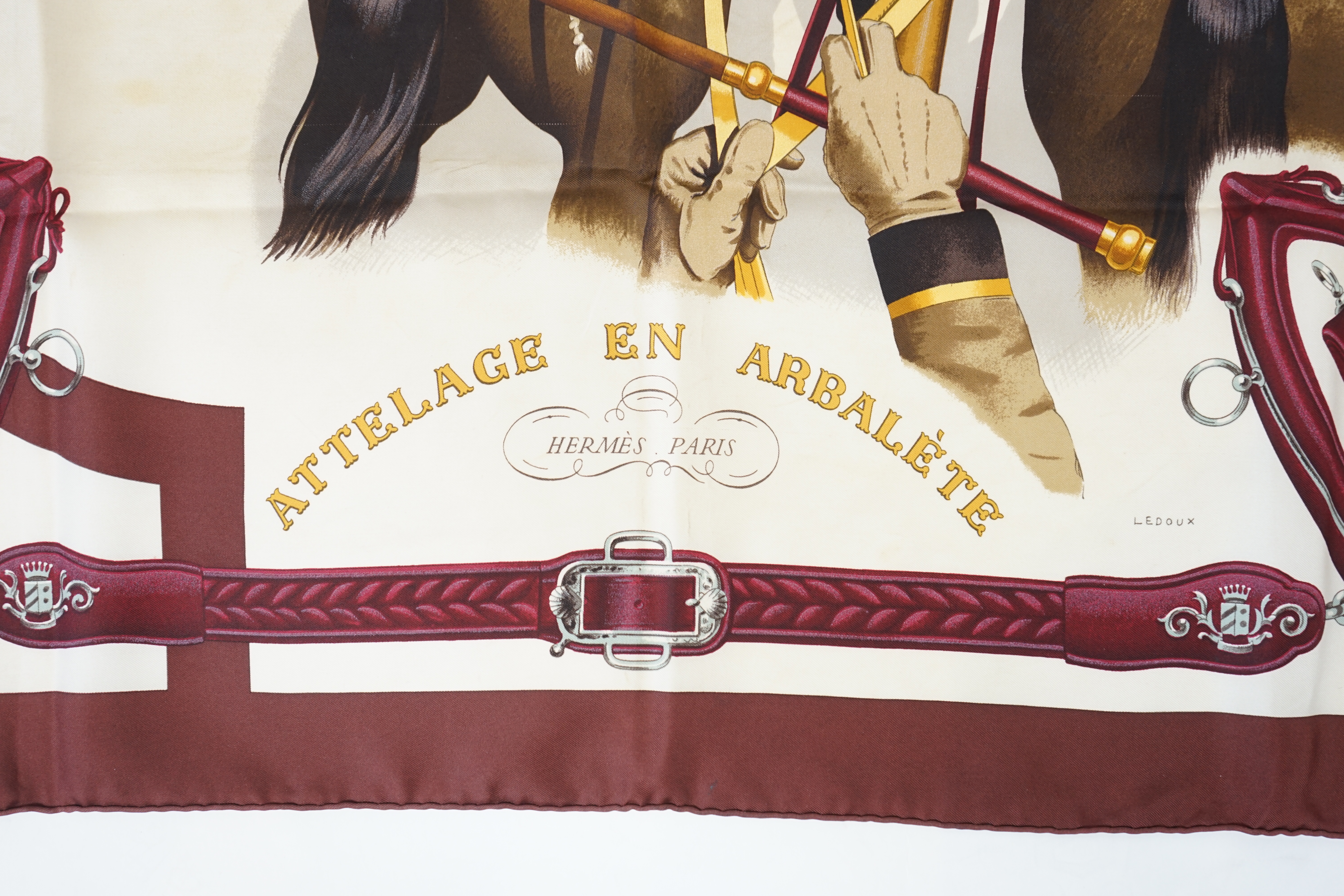 A Hermes Attelage en Arbalete silk scarf, 90 x 90 cm